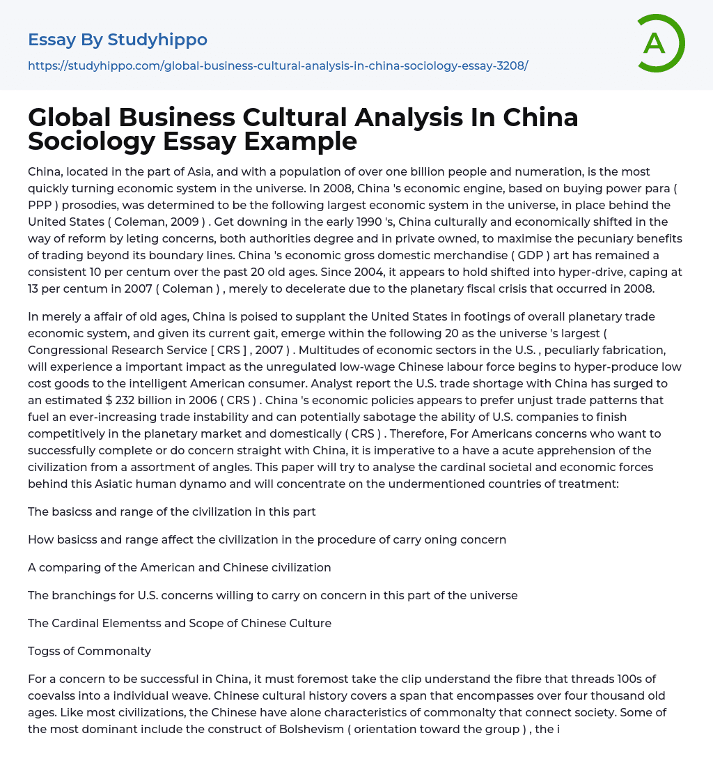Global Business Cultural Analysis In China Sociology Essay Example