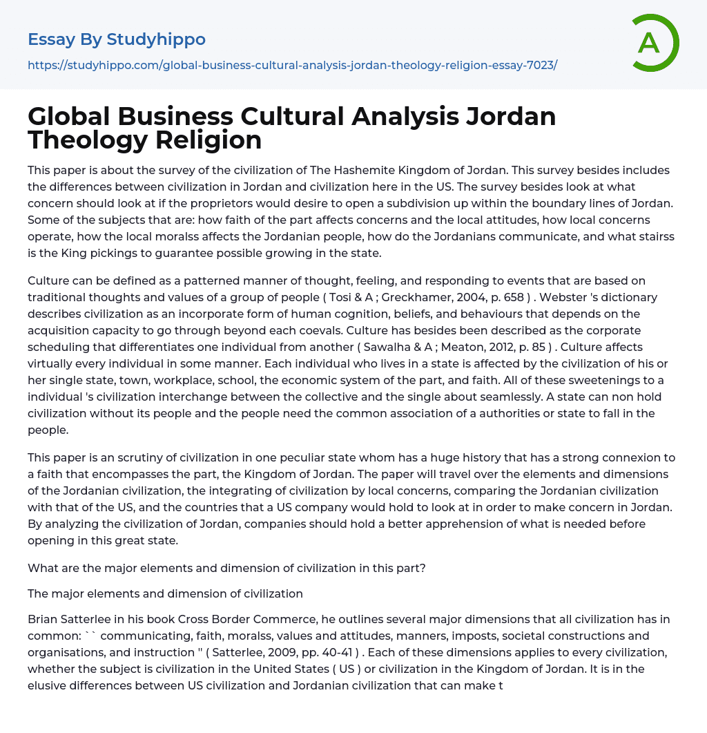 Global Business Cultural Analysis Jordan Theology Religion