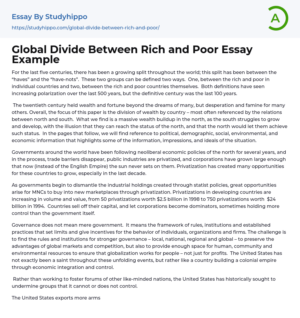 Global Divide Between Rich and Poor Essay Example