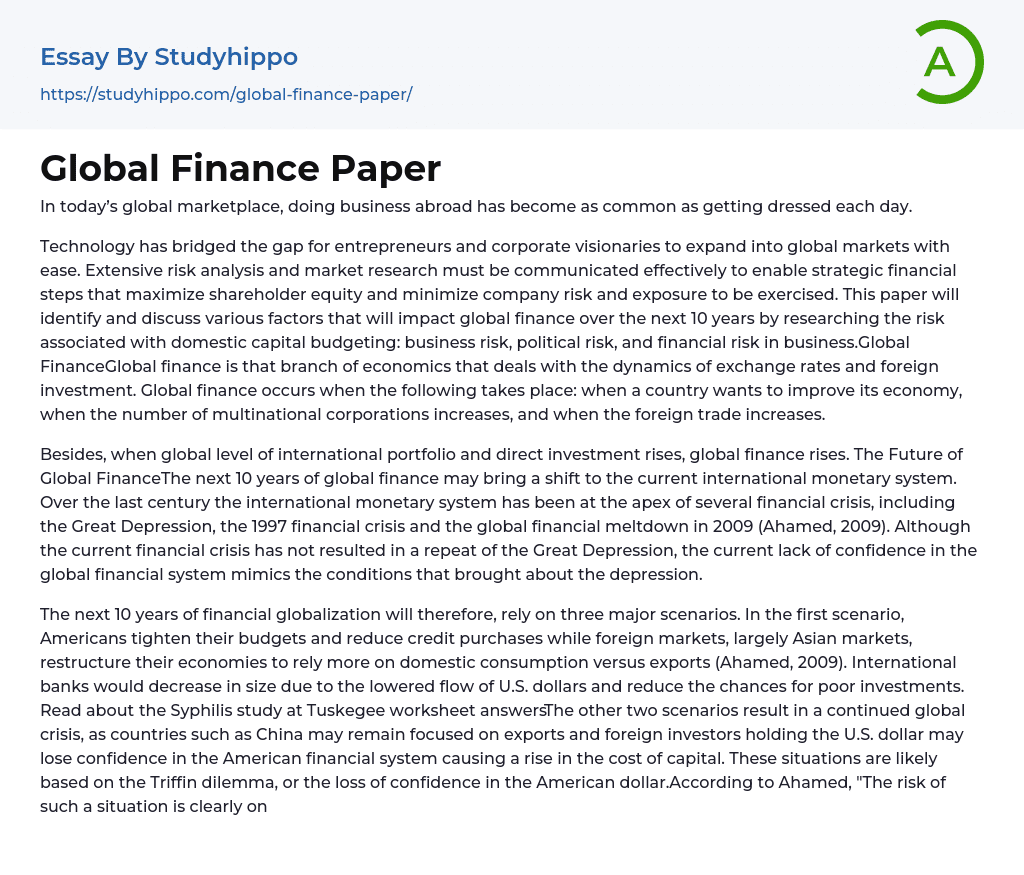 Global Finance Paper Essay Example