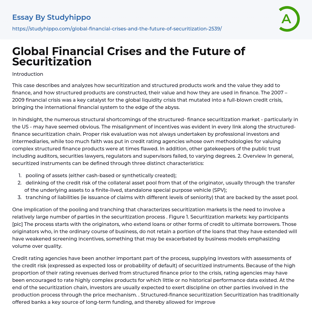 Global Financial Crises and the Future of Securitization Essay Example