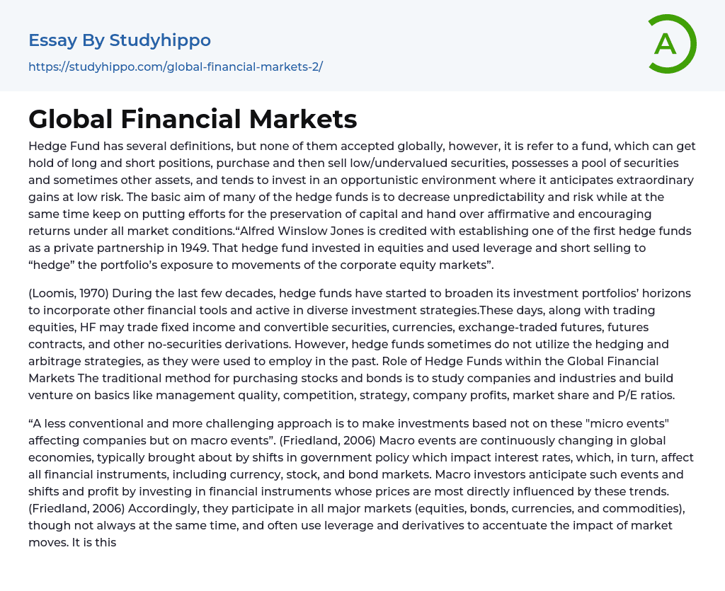 Global Financial Markets Essay Example