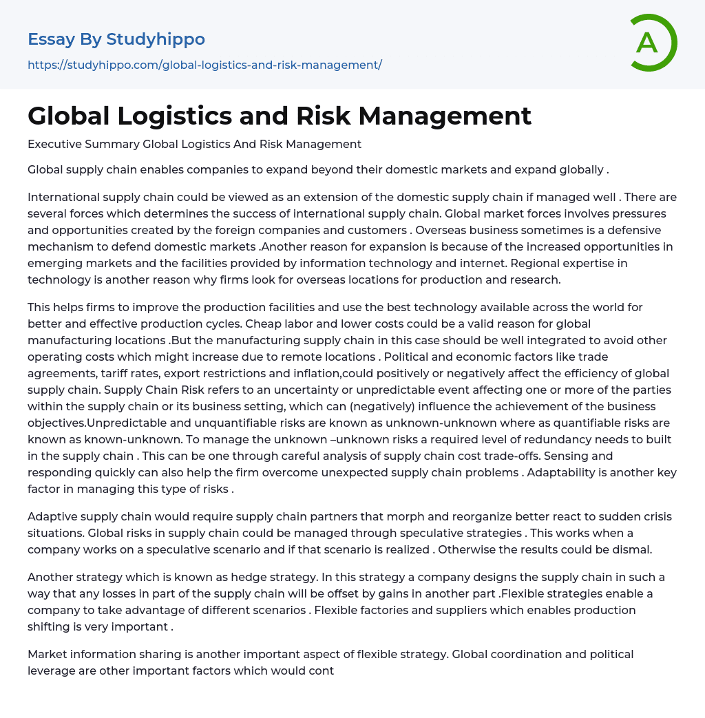 Global Logistics and Risk Management Essay Example