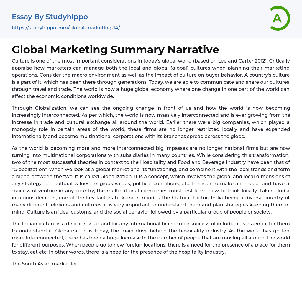 Global Marketing Summary Narrative Essay Example