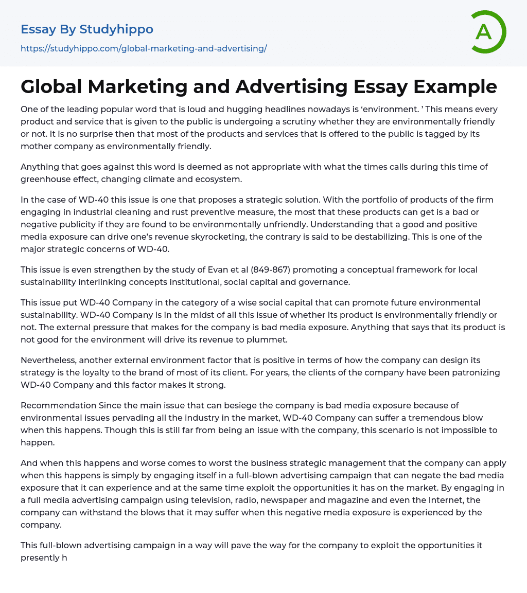 Global Marketing and Advertising Essay Example