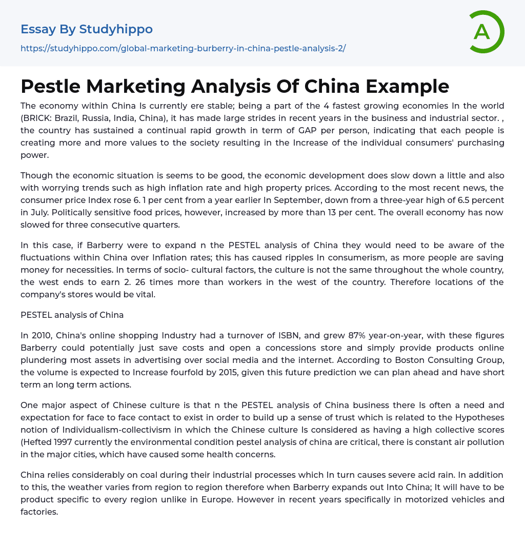 Pestle Marketing Analysis Of China Example Essay Example