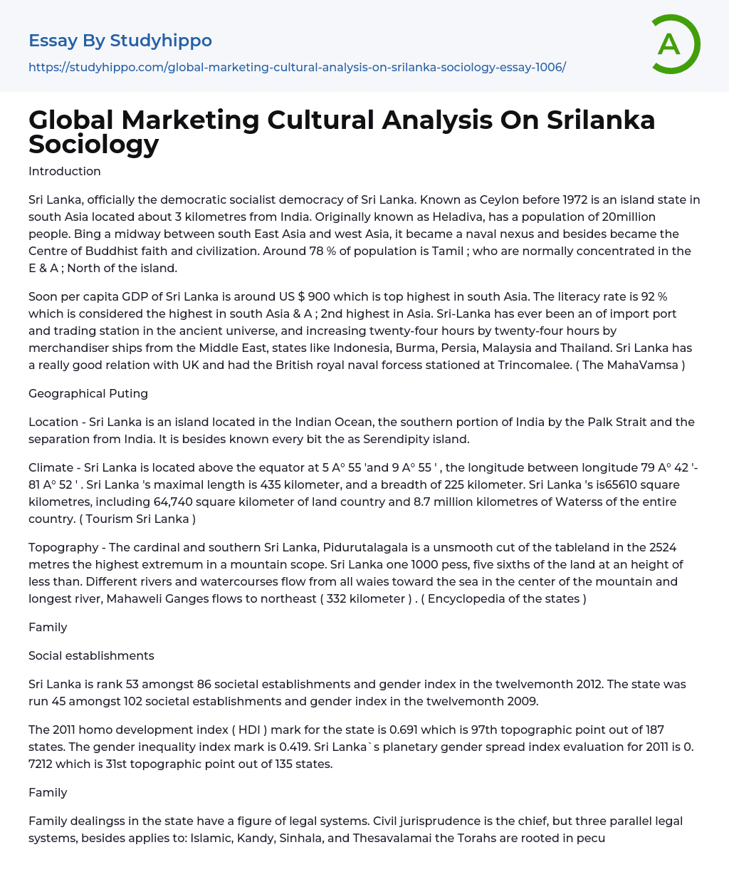Global Marketing Cultural Analysis On Srilanka Sociology Essay Example