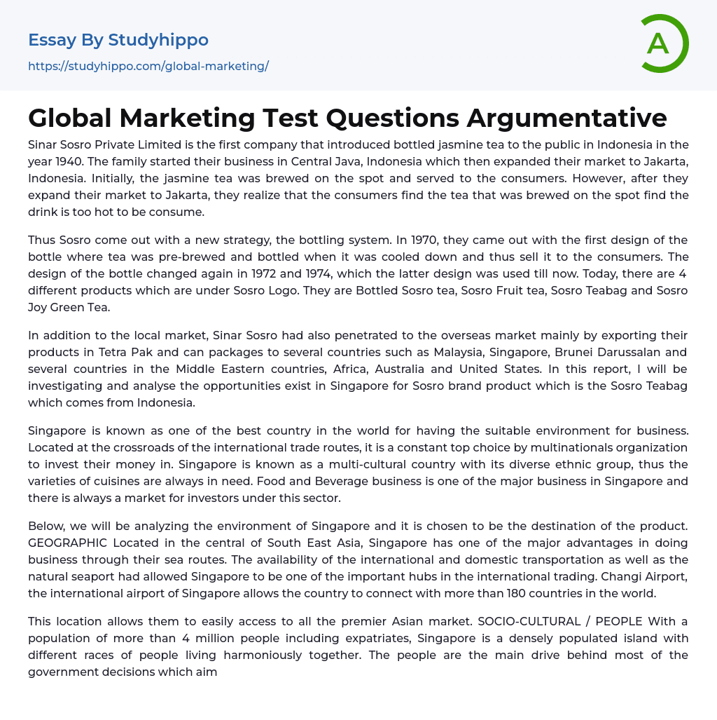 Global Marketing Test Questions Argumentative Essay Example