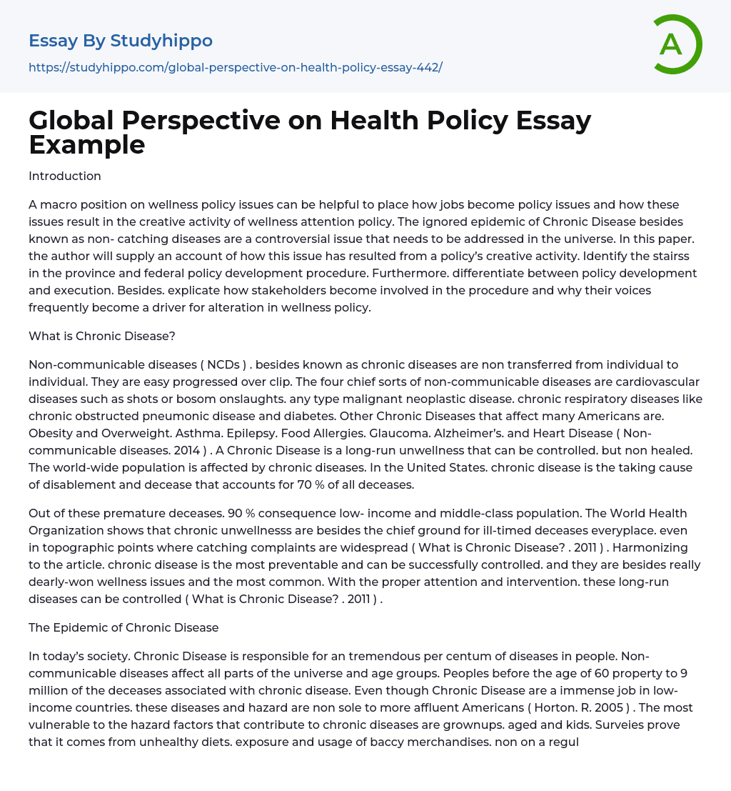 Global Perspective on Health Policy Essay Example