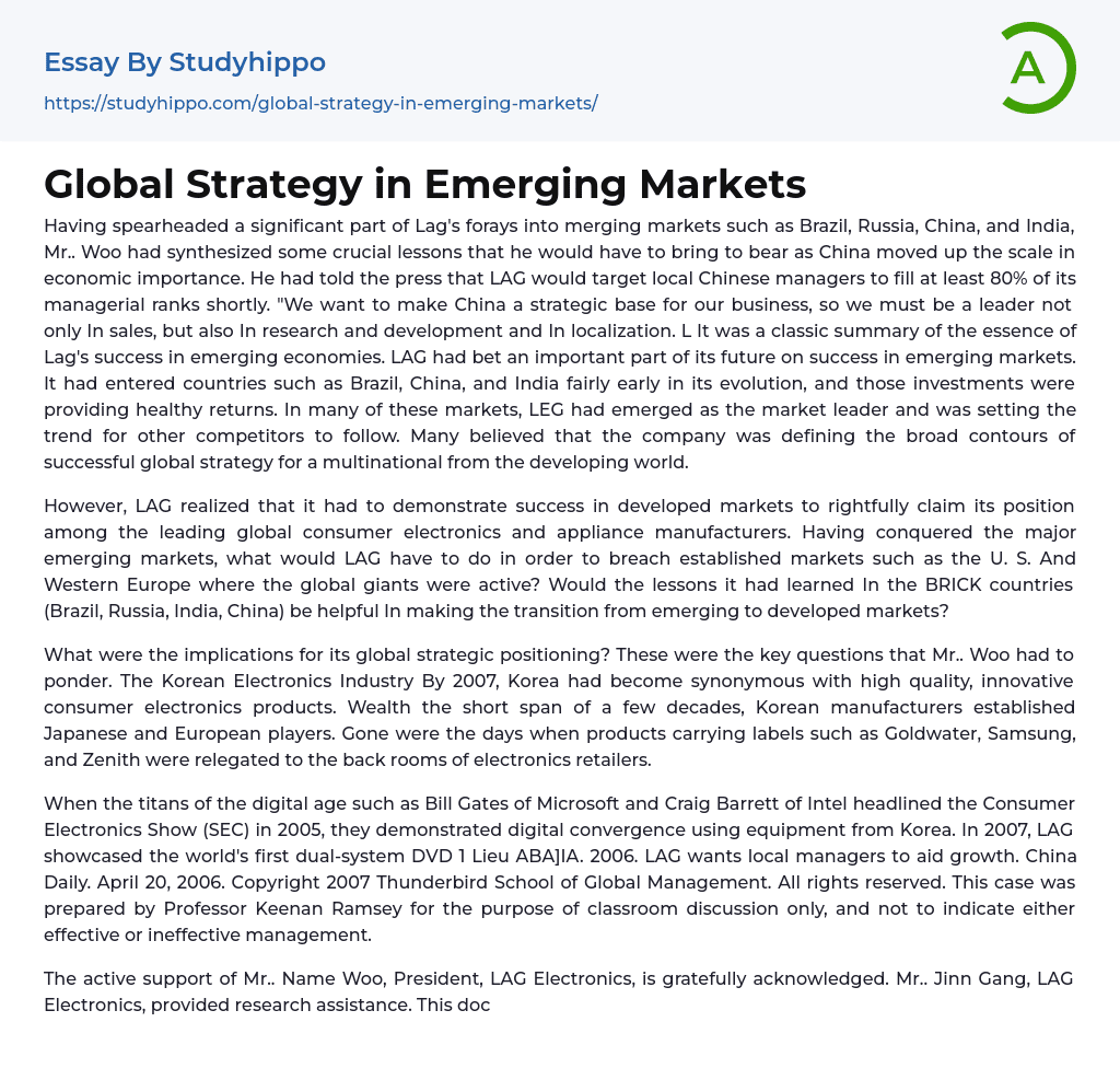 Global Strategy in Emerging Markets Essay Example