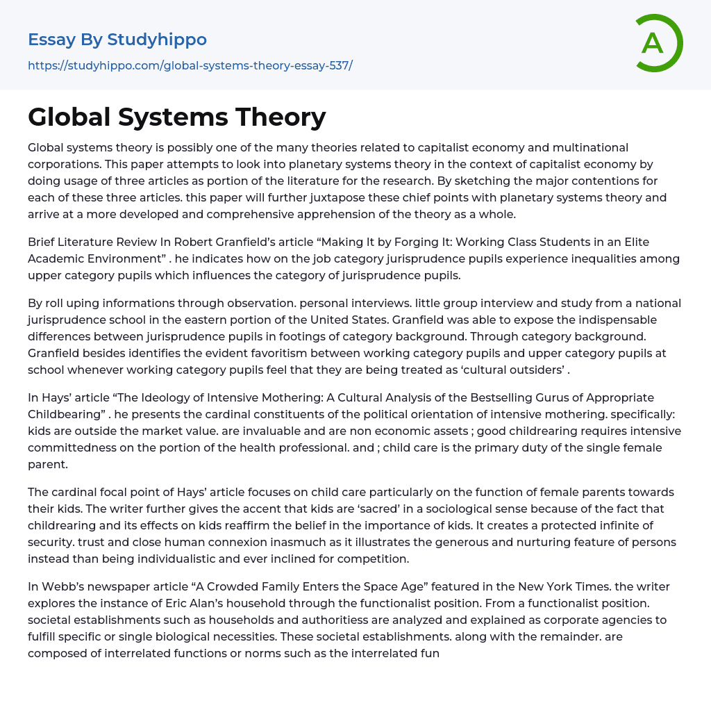 Global Systems Theory Essay Example