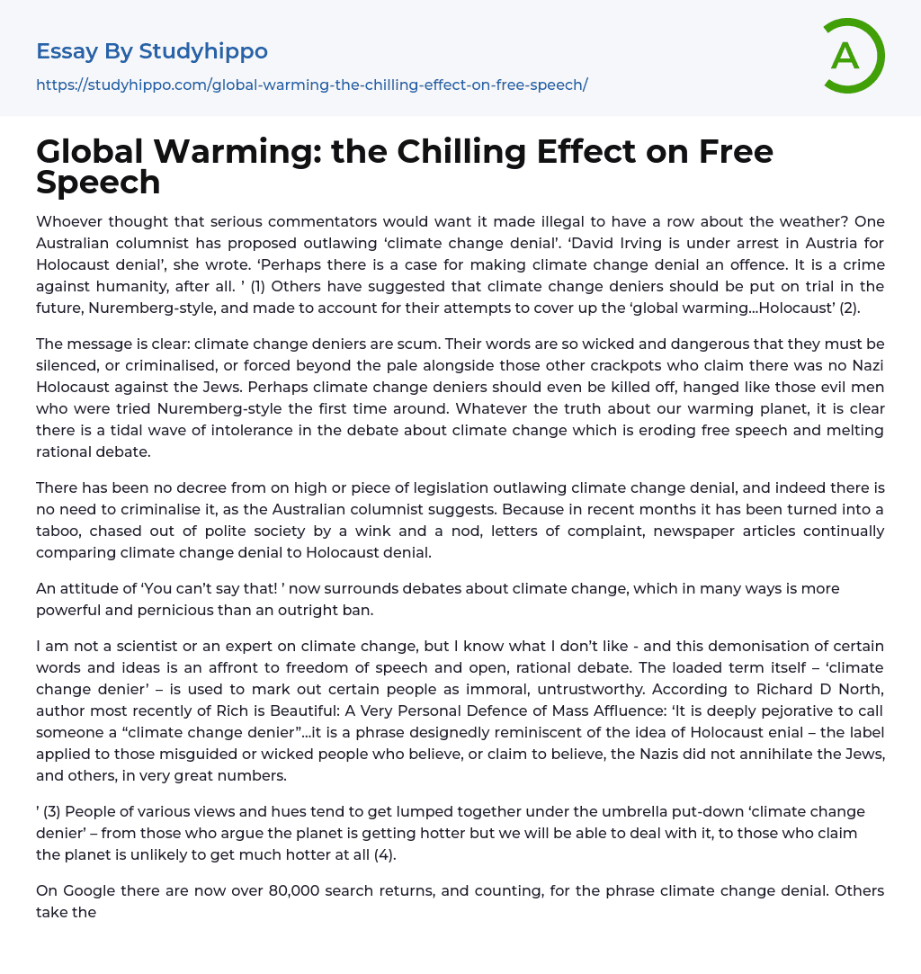 Global Warming: the Chilling Effect on Free Speech Essay Example