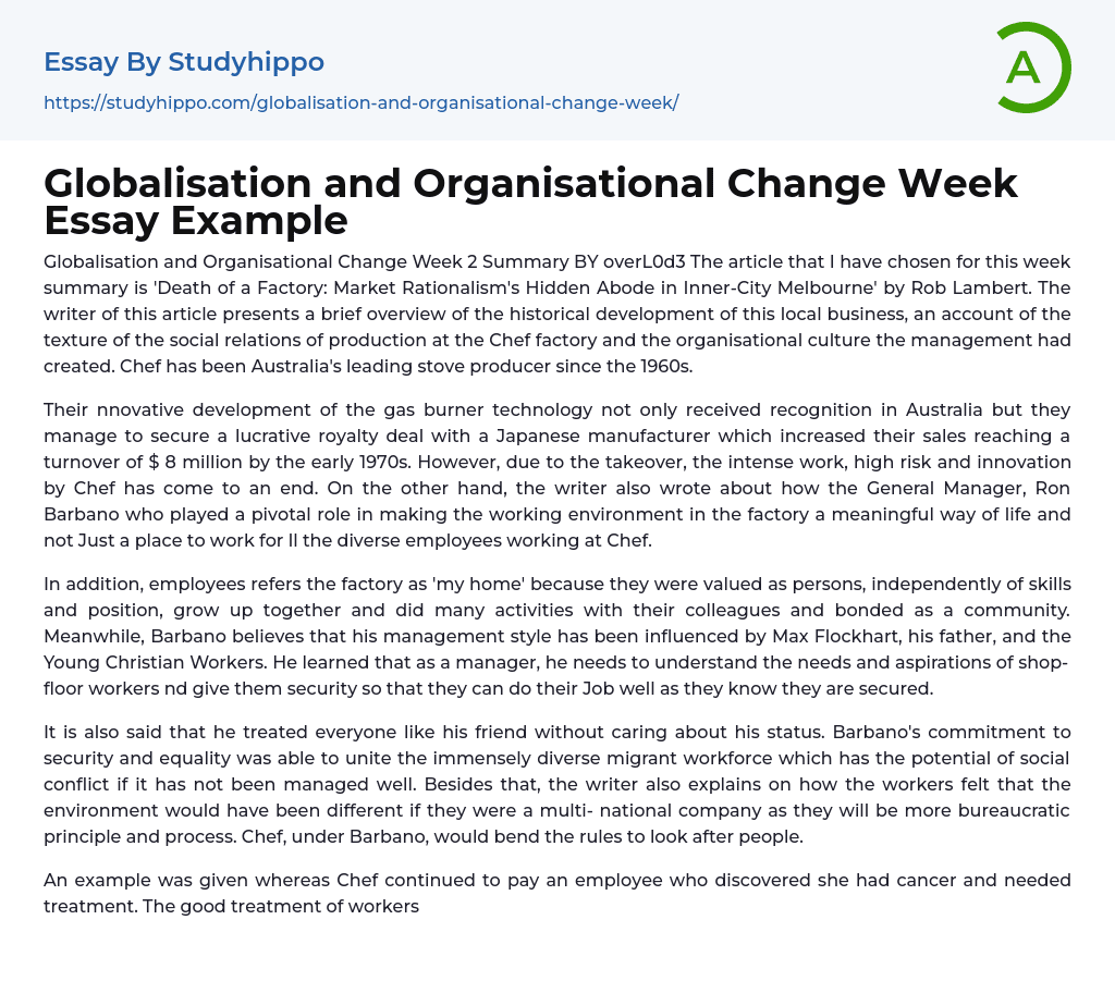 Globalisation and Organisational Change Week Essay Example