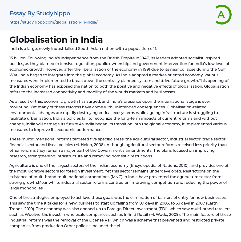 Globalisation in India Essay Example