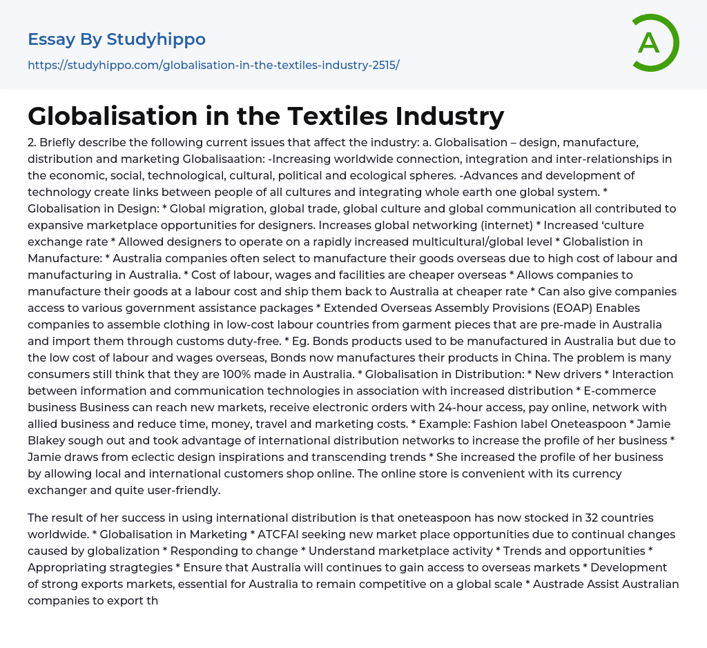 Globalisation in the Textiles Industry Essay Example