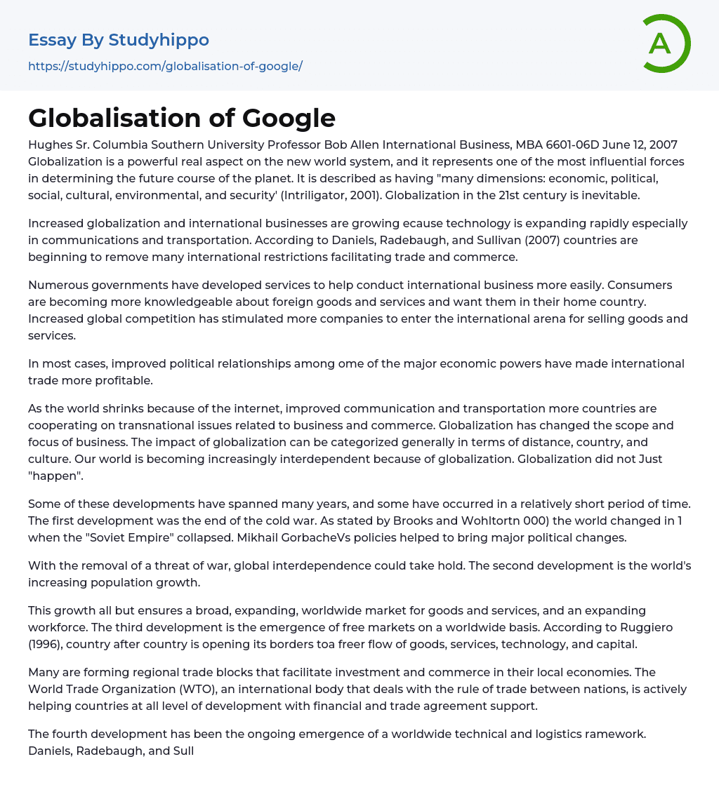 Globalisation of Google Essay Example