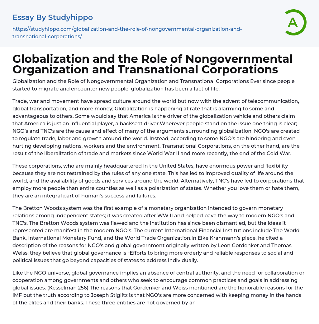 Globalization: The Role of NGOs and TNCs