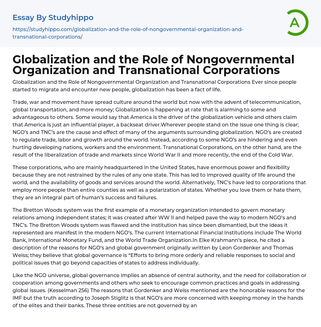 Globalization The Role Of NGOs And TNCs StudyHippo