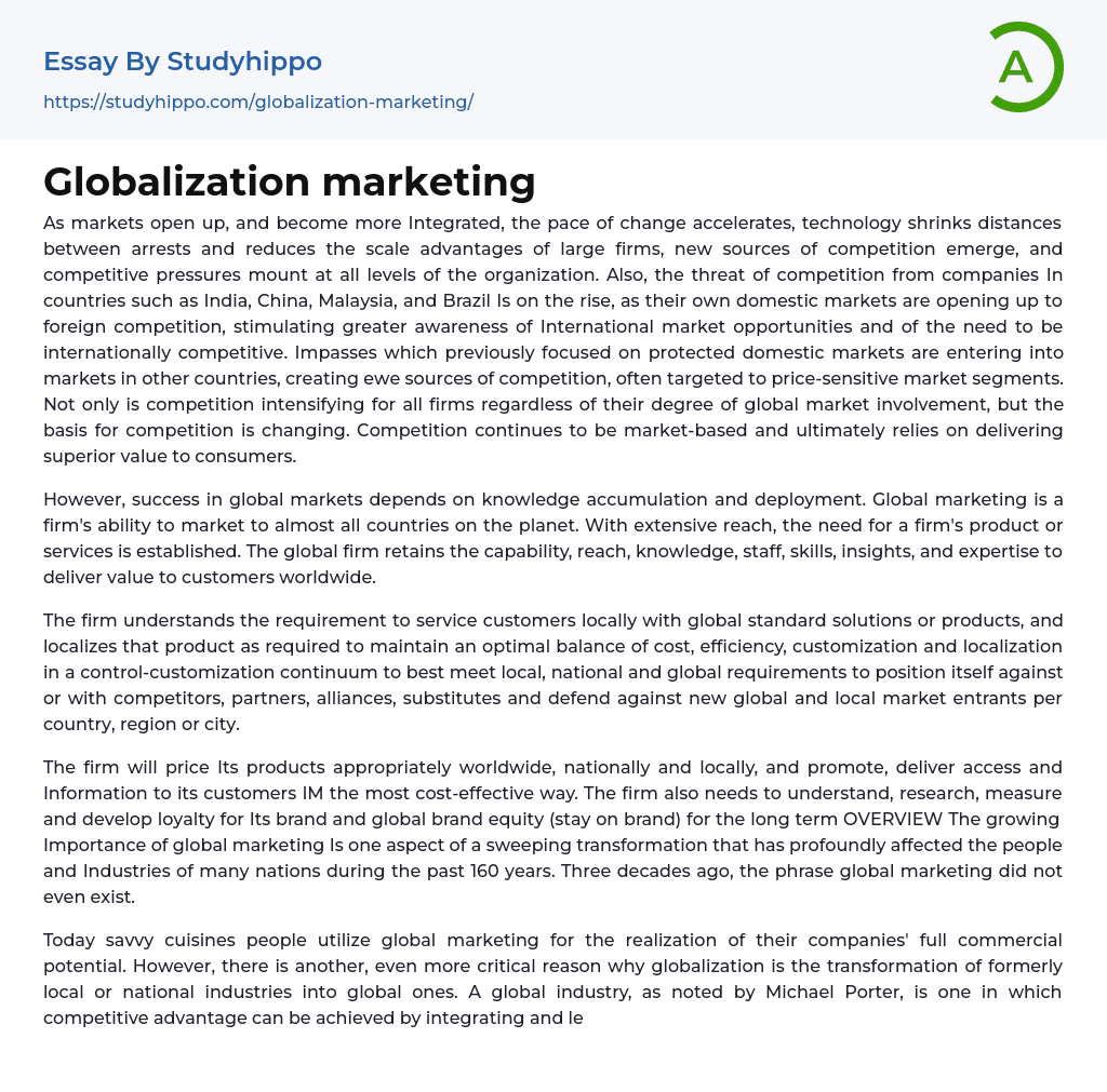 Globalization marketing Essay Example