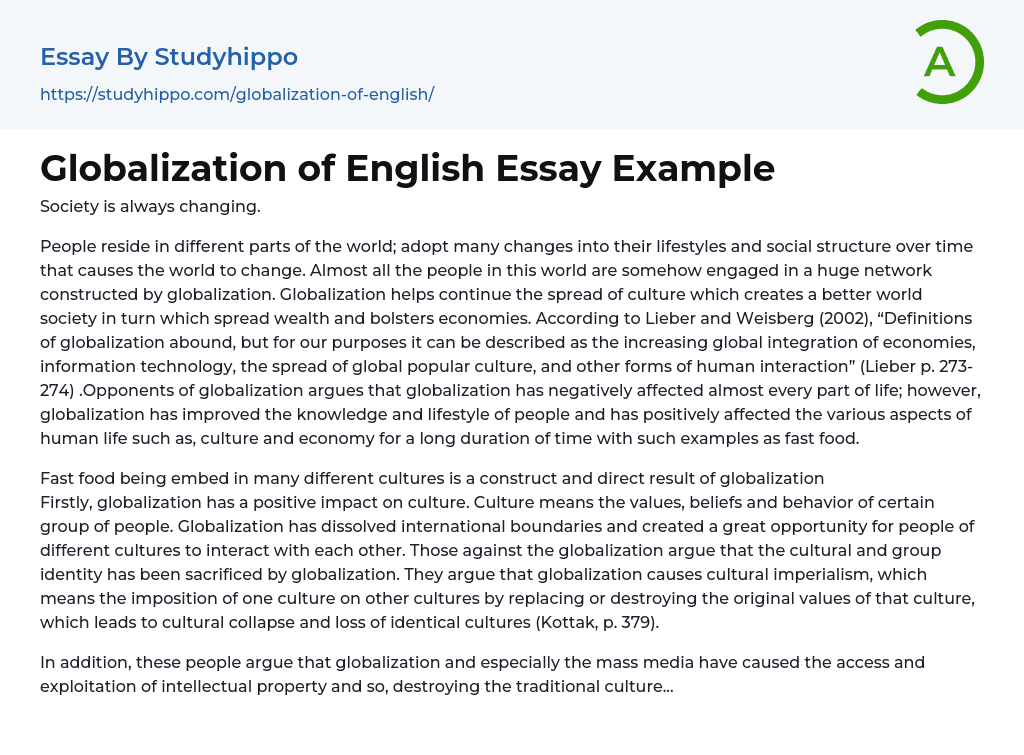 Globalization of English Essay Example