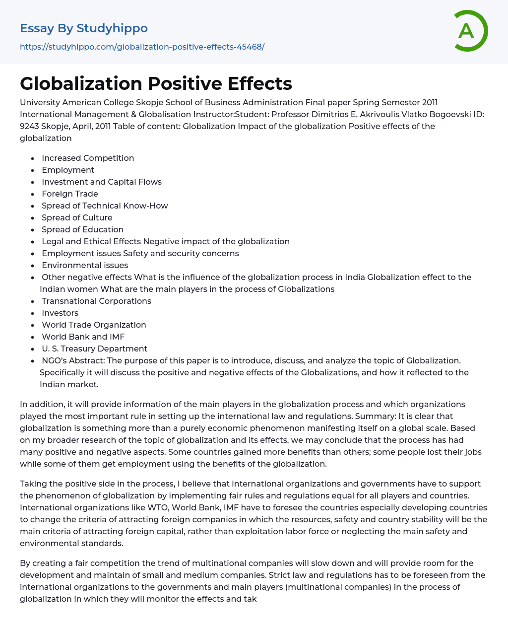 Globalization Positive Effects Essay Example