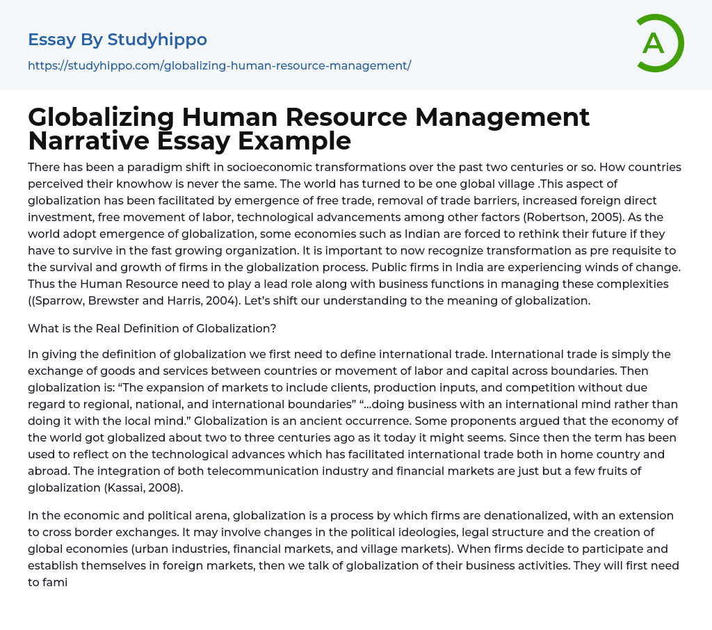 Globalizing Human Resource Management Narrative Essay Example