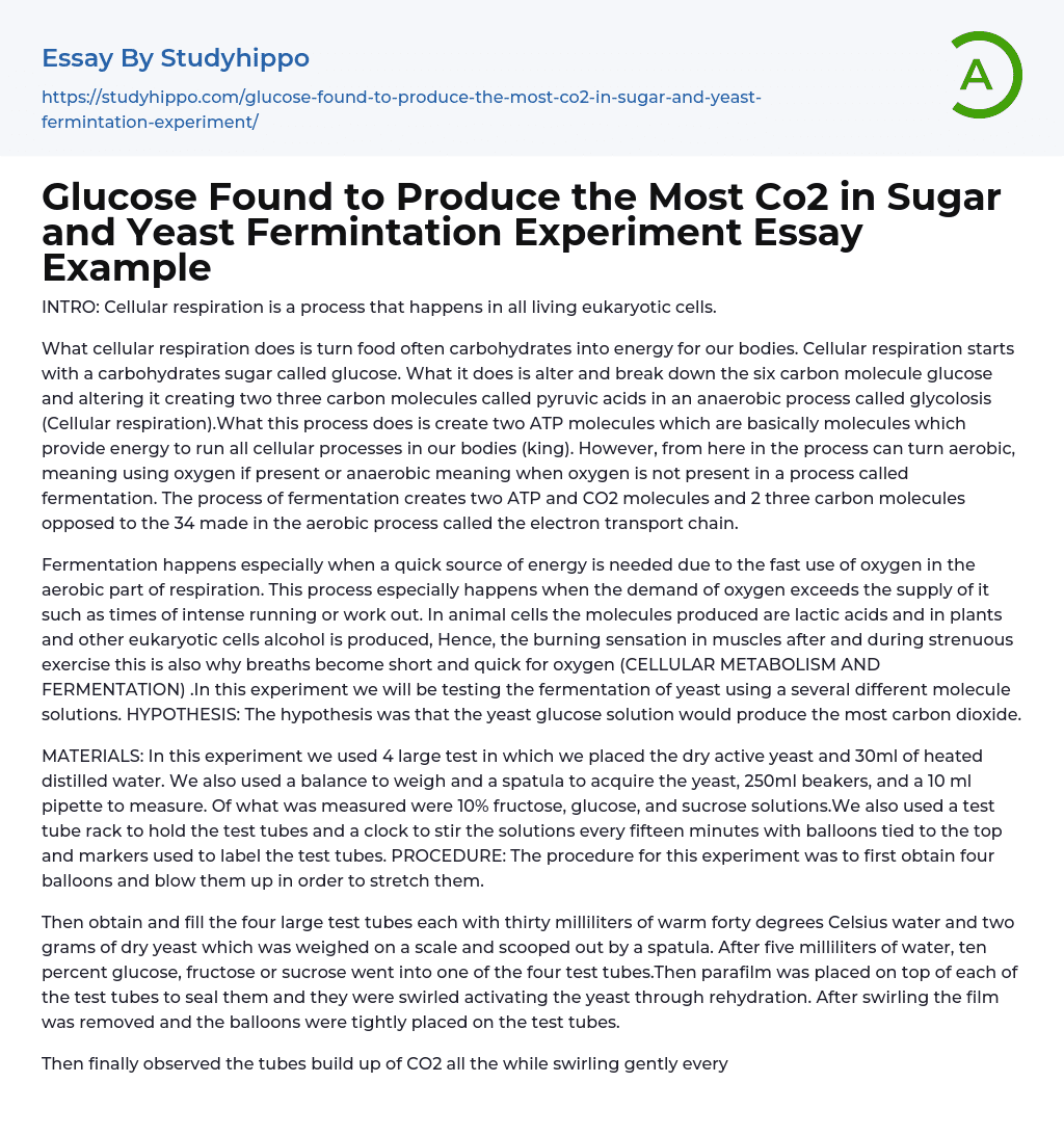 Glucose Found to Produce the Most Co2 in Sugar and Yeast Fermintation Experiment Essay Example