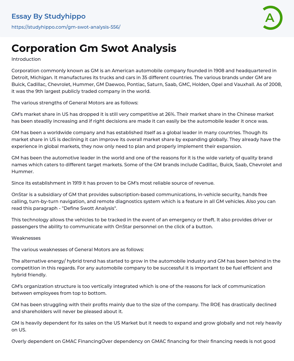 Corporation Gm Swot Analysis Essay Example