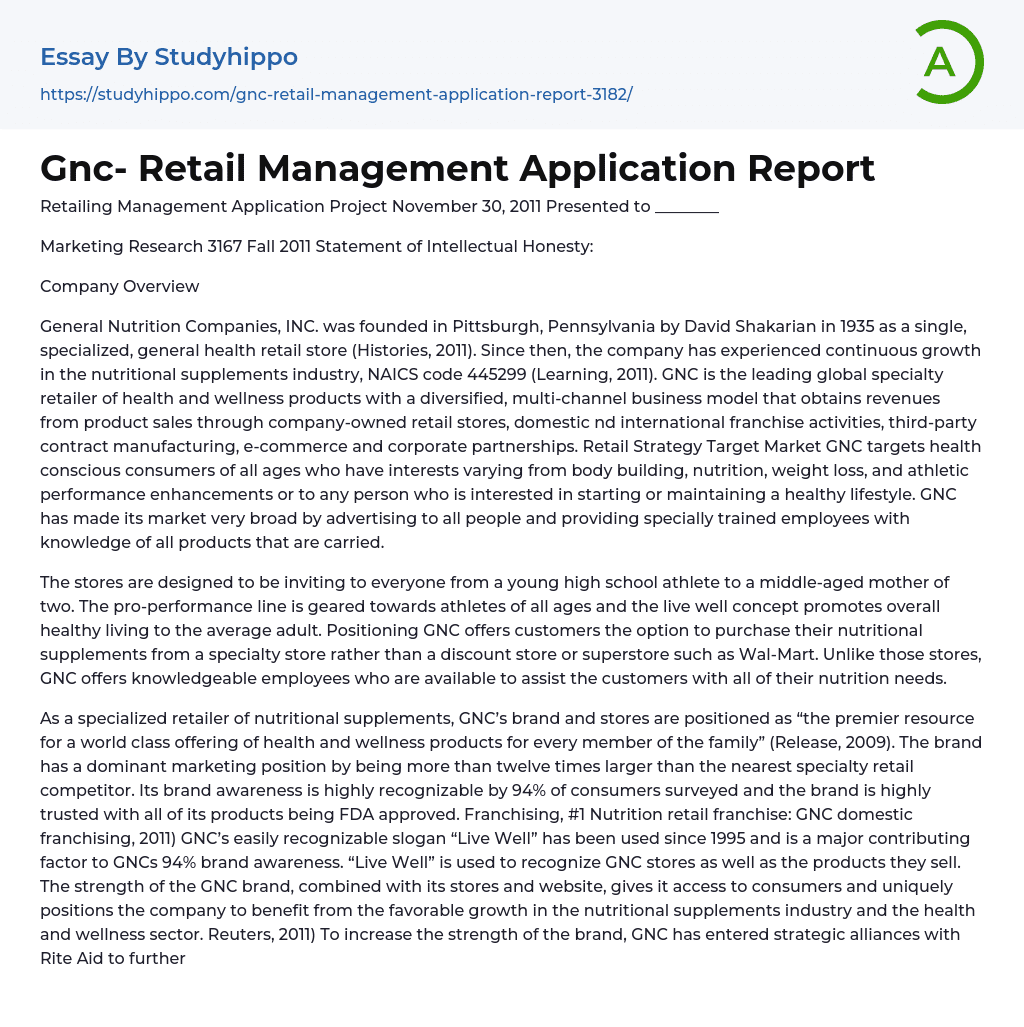 Gnc- Retail Management Application Report Essay Example