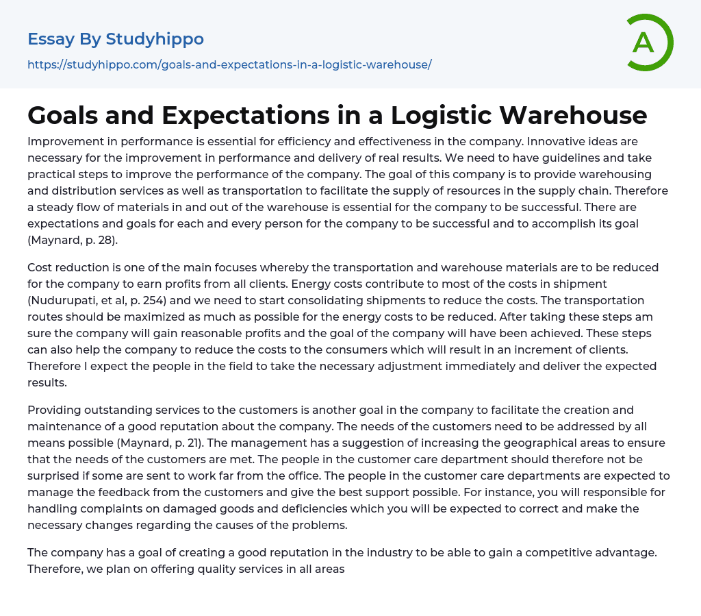 Goals and Expectations in a Logistic Warehouse Essay Example