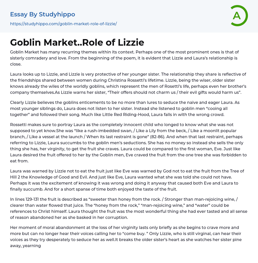 Goblin Market..Role of Lizzie Essay Example