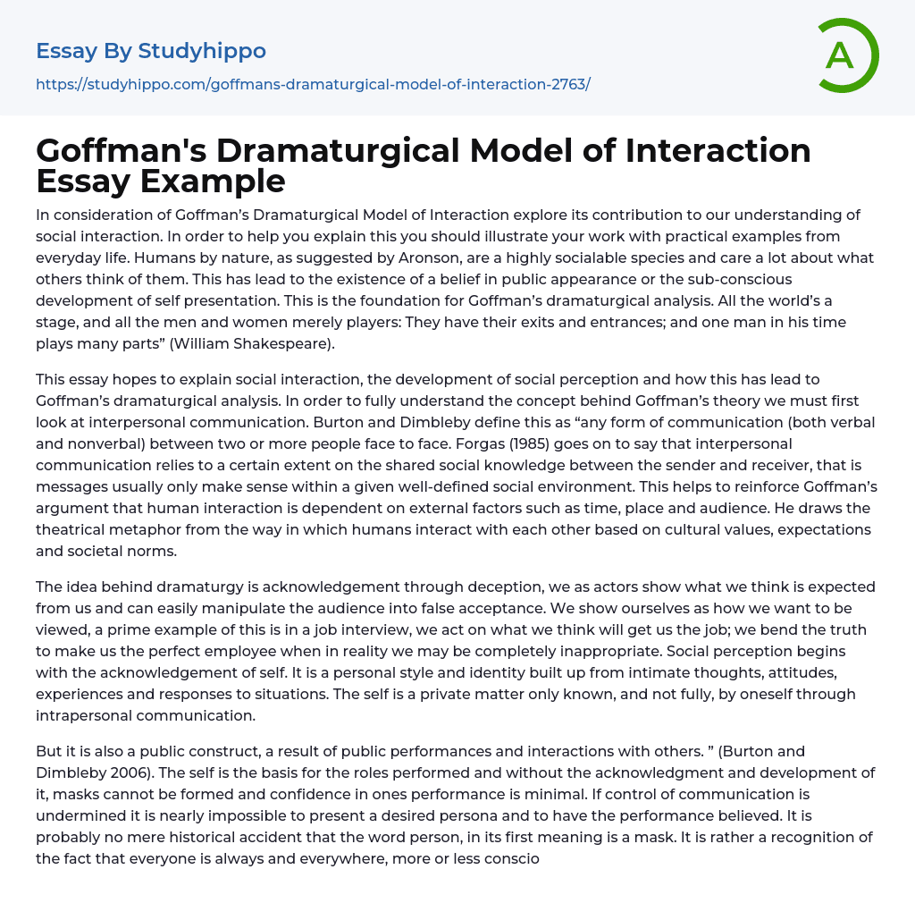 Goffman’s Dramaturgical Model of Interaction Essay Example