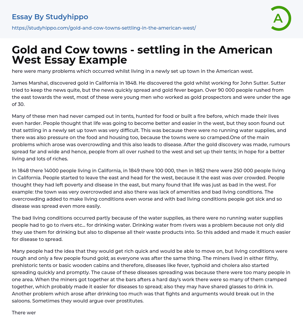 Gold and Cow towns – settling in the American West Essay Example