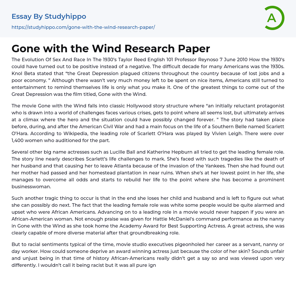 Gone with the Wind Research Paper Essay Example