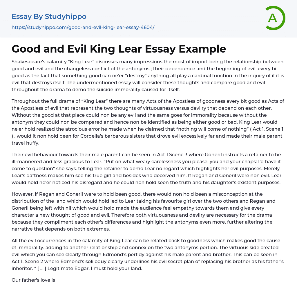 Good and Evil King Lear Essay Example