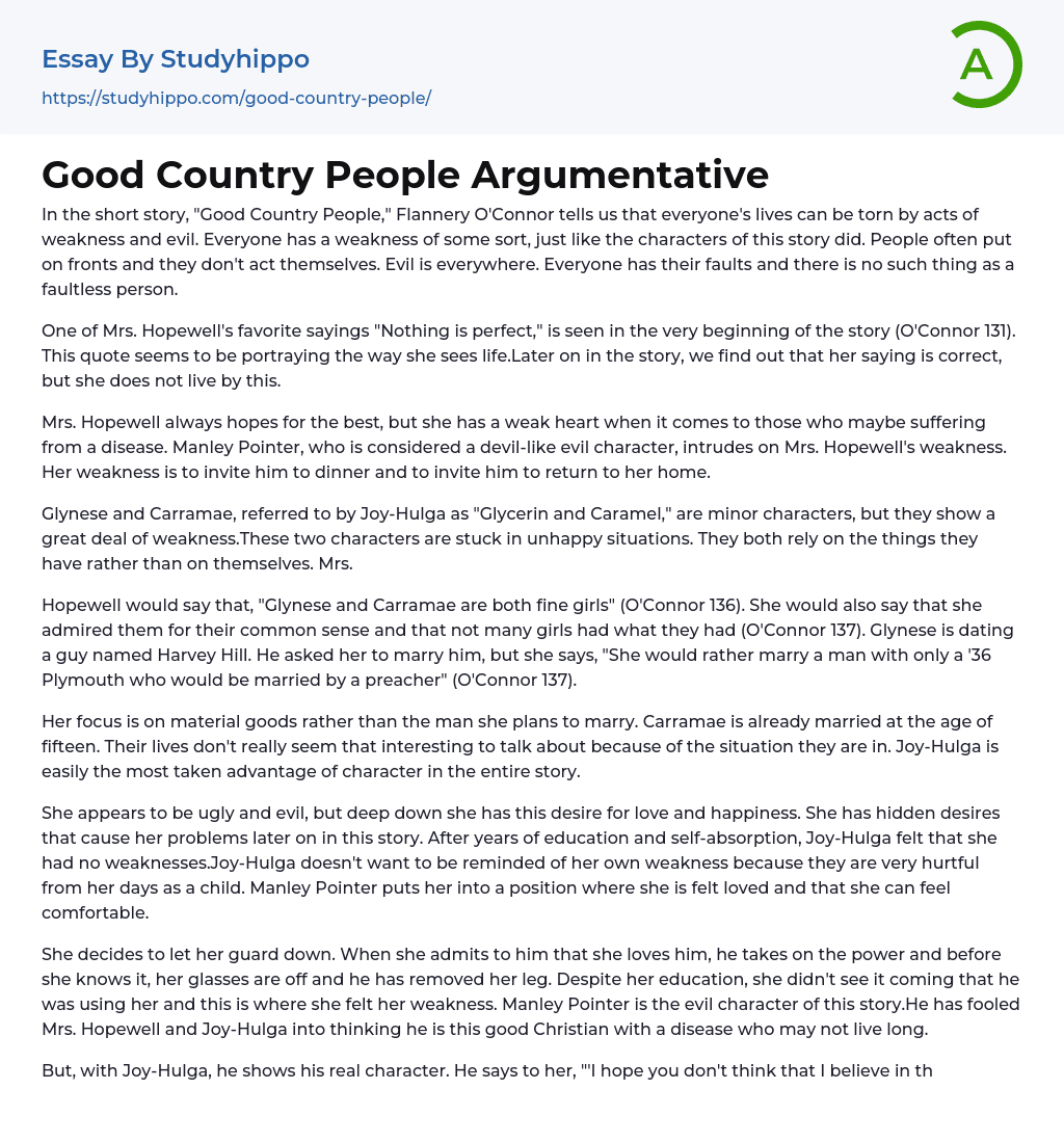 Good Country People Argumentative Essay Example