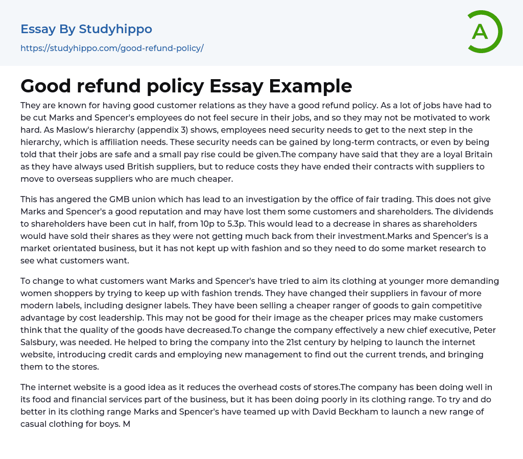Good refund policy Essay Example