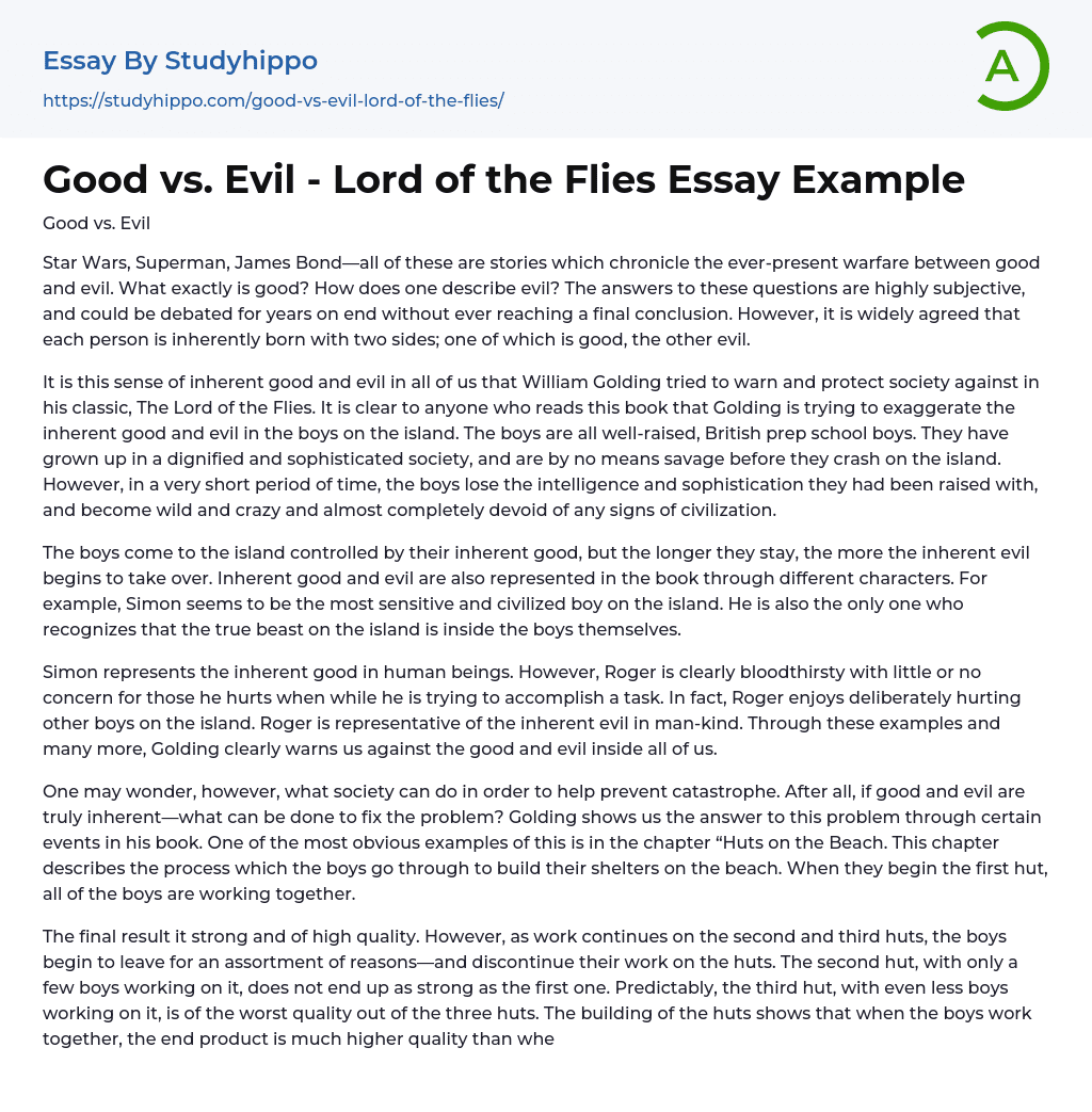 Good vs. Evil – Lord of the Flies Essay Example