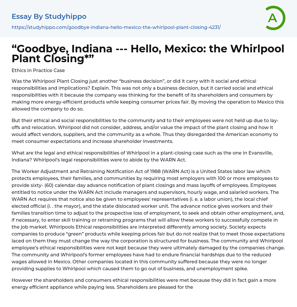 “Goodbye, Indiana — Hello, Mexico: the Whirlpool Plant Closing*” Essay Example