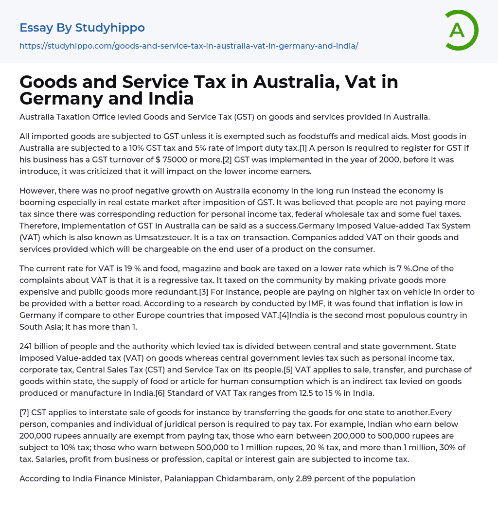 Goods and Service Tax in Australia, Vat in Germany and India Essay Example