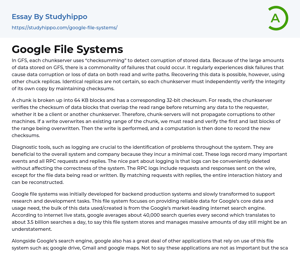 Google File Systems Essay Example