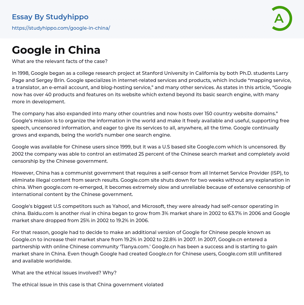 Google in China Essay Example