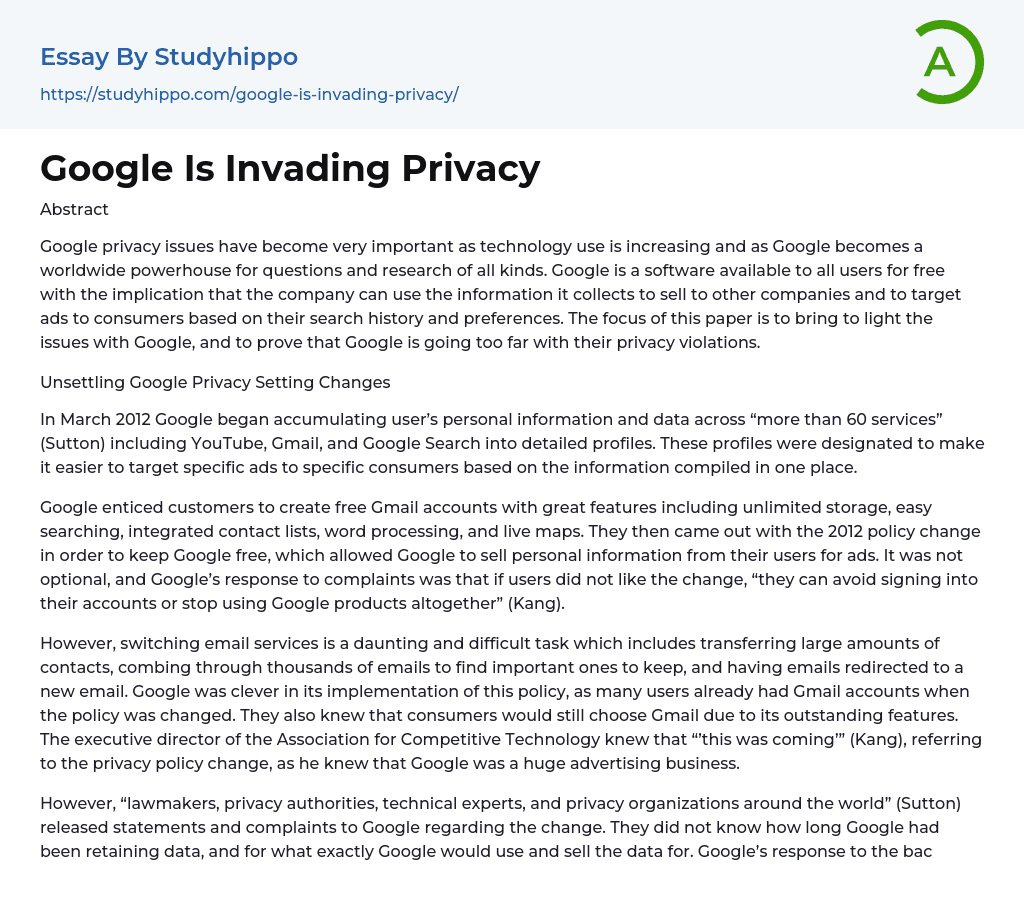 Google Is Invading Privacy Essay Example