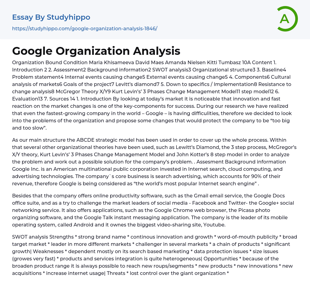 Google Organization Analysis Essay Example
