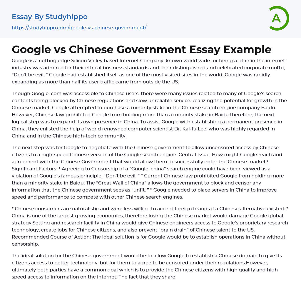 Google vs Chinese Government Essay Example
