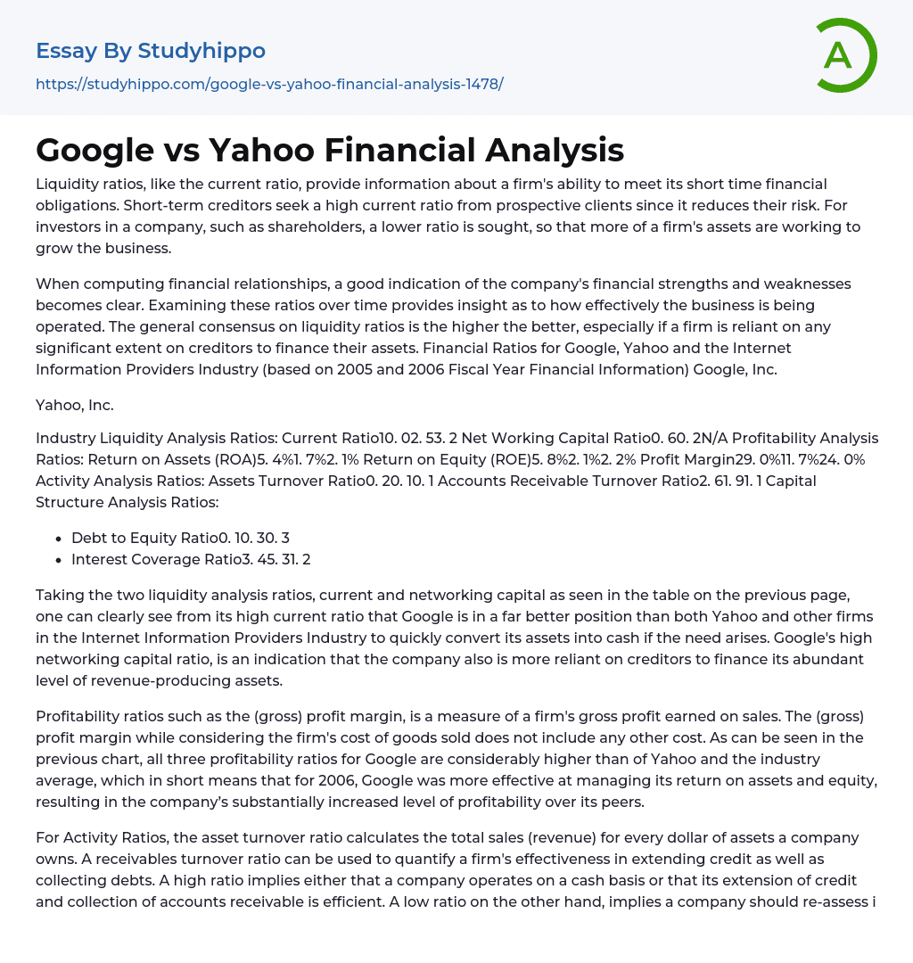 Google vs Yahoo Financial Analysis Essay Example