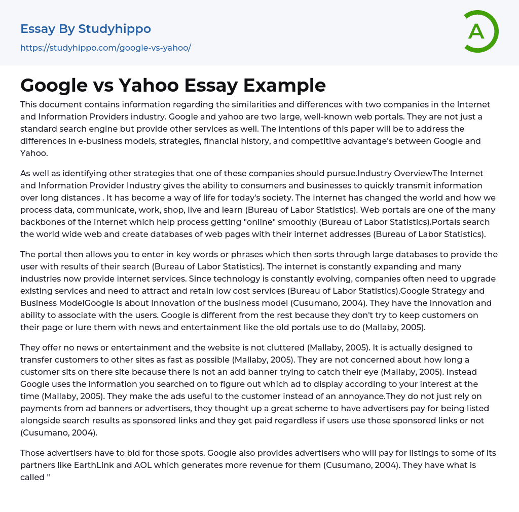 Google vs Yahoo Essay Example