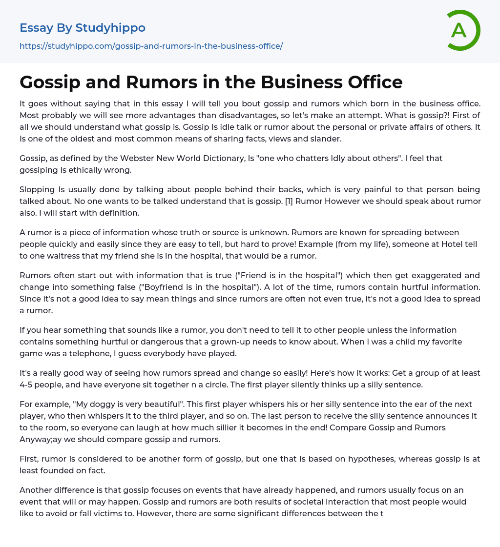 Gossip and Rumors in the Business Office Essay Example