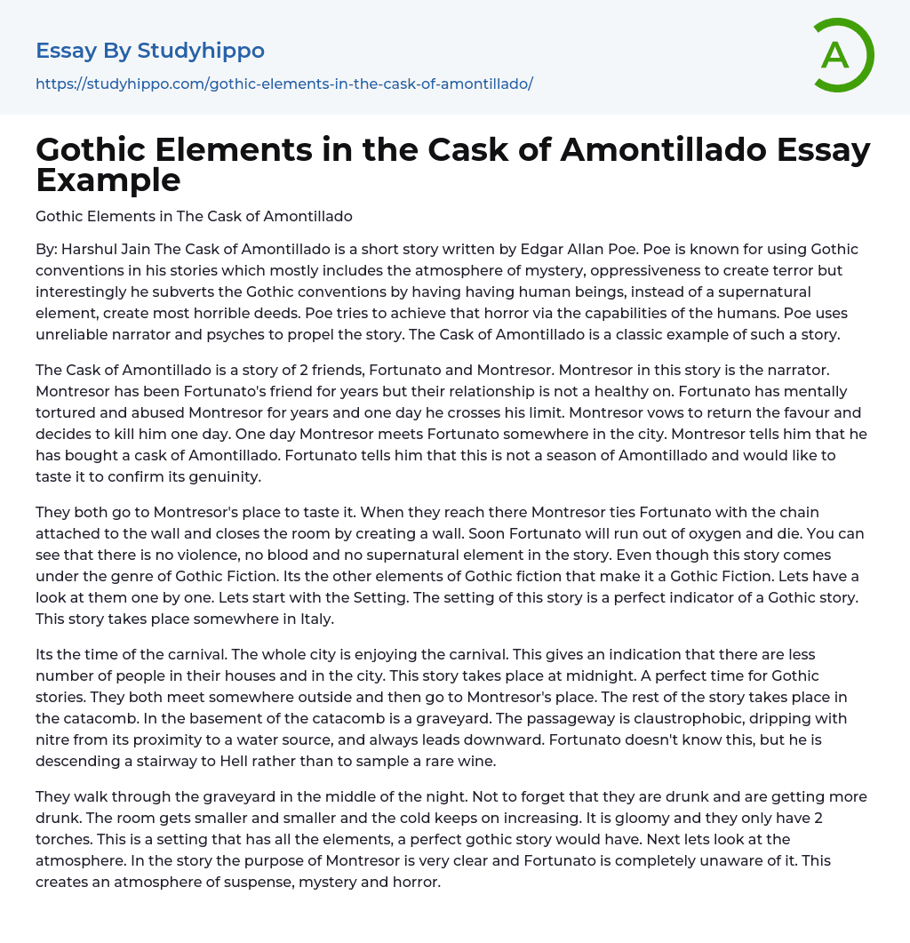 Gothic Elements in the Cask of Amontillado Essay Example