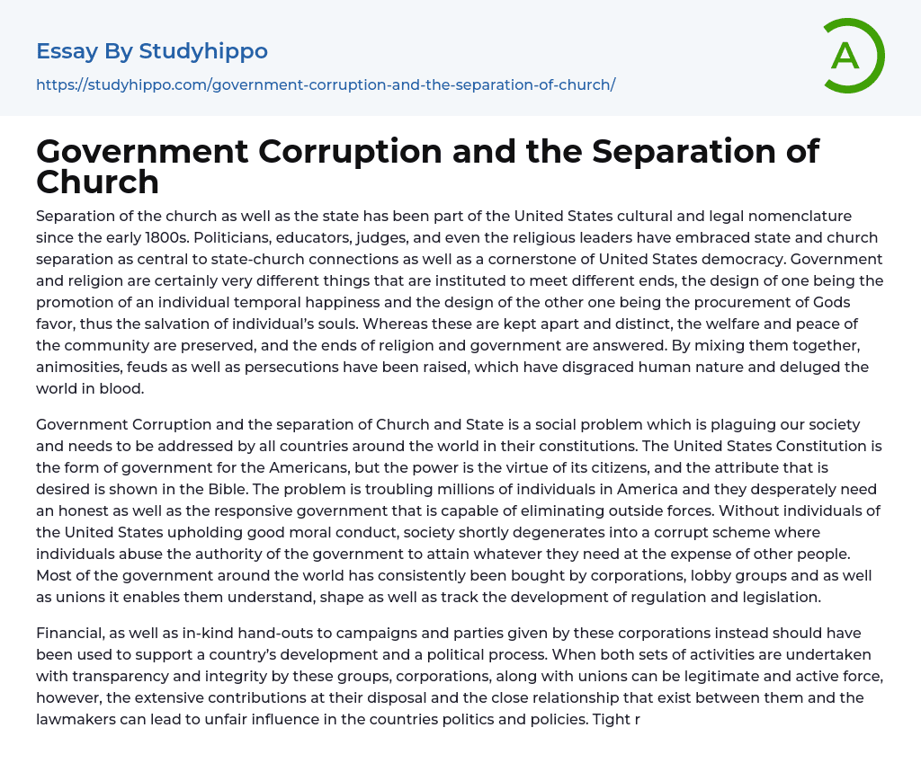 Government Corruption and the Separation of Church Essay Example